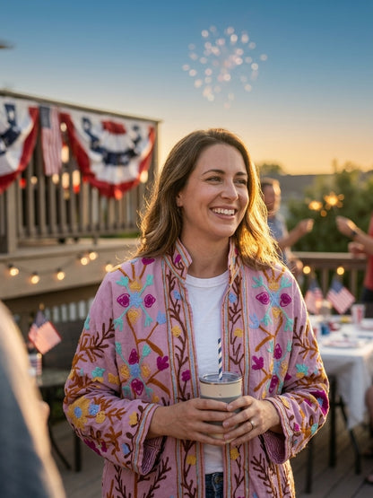 The Blossom Trellis — Suzani-Style Hand-Embroidered Cotton Jacket — Blush Pink