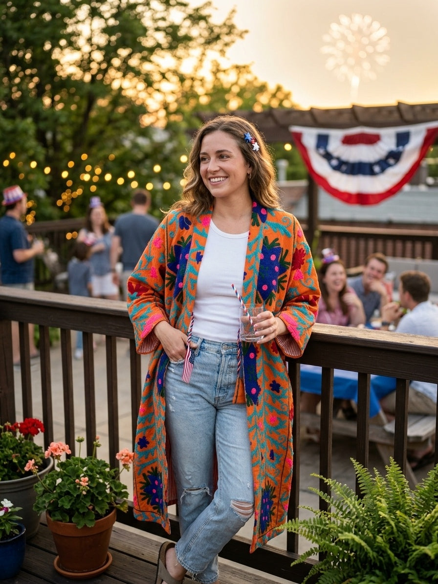 The Marigold Suzani — Hand-Embroidered Wool Kimono — Saffron Orange with Cobalt & Teal Florals