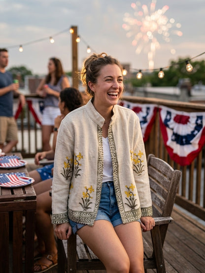The Sarson Bagh — Hand Block-Printed Cotton Jacket — Ivory with Olive & Mustard Floral Motifs