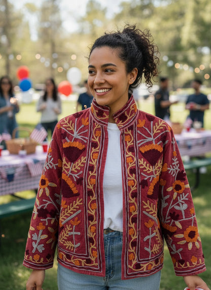 The Marigold Bloom — Suzani Embroidered Velvet Jacket — Rosewood Red with Amber & Burgundy Florals