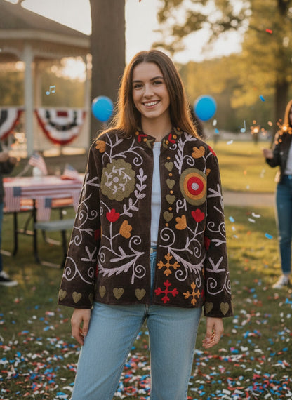 The Anar Baagh — Suzani Embroidered Velvet Jacket — Espresso Brown with Marigold & Ruby Blooms
