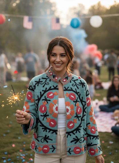 The Samarkand Bloom — Suzani Hand-Embroidered Cotton Jacket — Sage Green with Coral Pomegranates