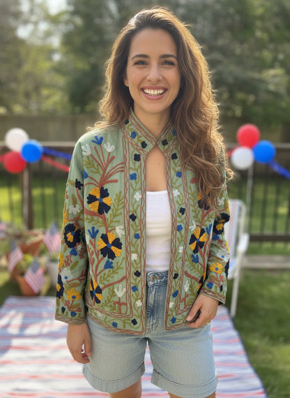 The Sage Meadow — Suzani Embroidered Cotton Jacket — Pistachio Green