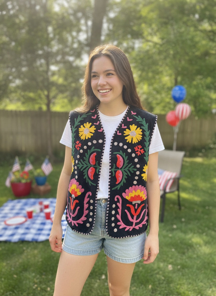 The Marigold Bloom — Suzani Embroidered Velvet Vest — Jet Black with Sunflower Gold & Rose Pink