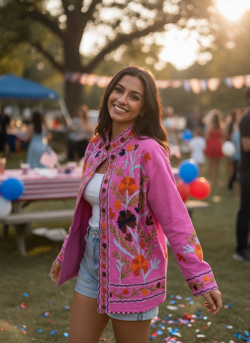 The Marigold Bloom — Suzani Embroidered Cotton Jacket — Fuchsia Pink