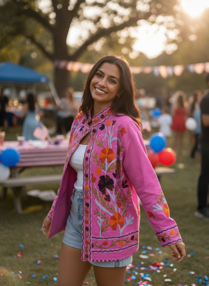 The Marigold Bloom — Suzani Embroidered Cotton Jacket — Fuchsia Pink