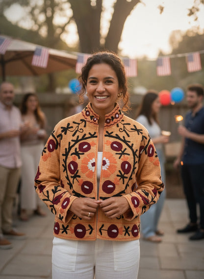 The Marigold Suzani — Hand-Embroidered Cotton Jacket — Saffron with Wine & Ivory Blooms