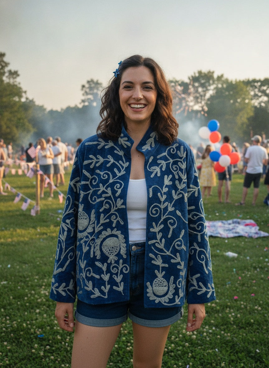 The Anar Bagh — Suzani-Embroidered Velvet Jacket — Peacock Teal with Ivory Vinework