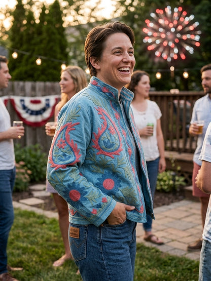 The Suzani Bloom — Suzani-Embroidered Cotton Jacket — Denim Blue with Coral & Sage Florals