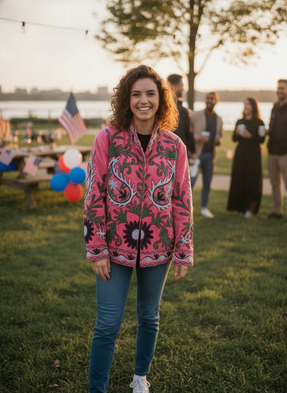 The Bagh-e-Rajasthan — Suzani Embroidered Velvet Jacket — Rani Pink