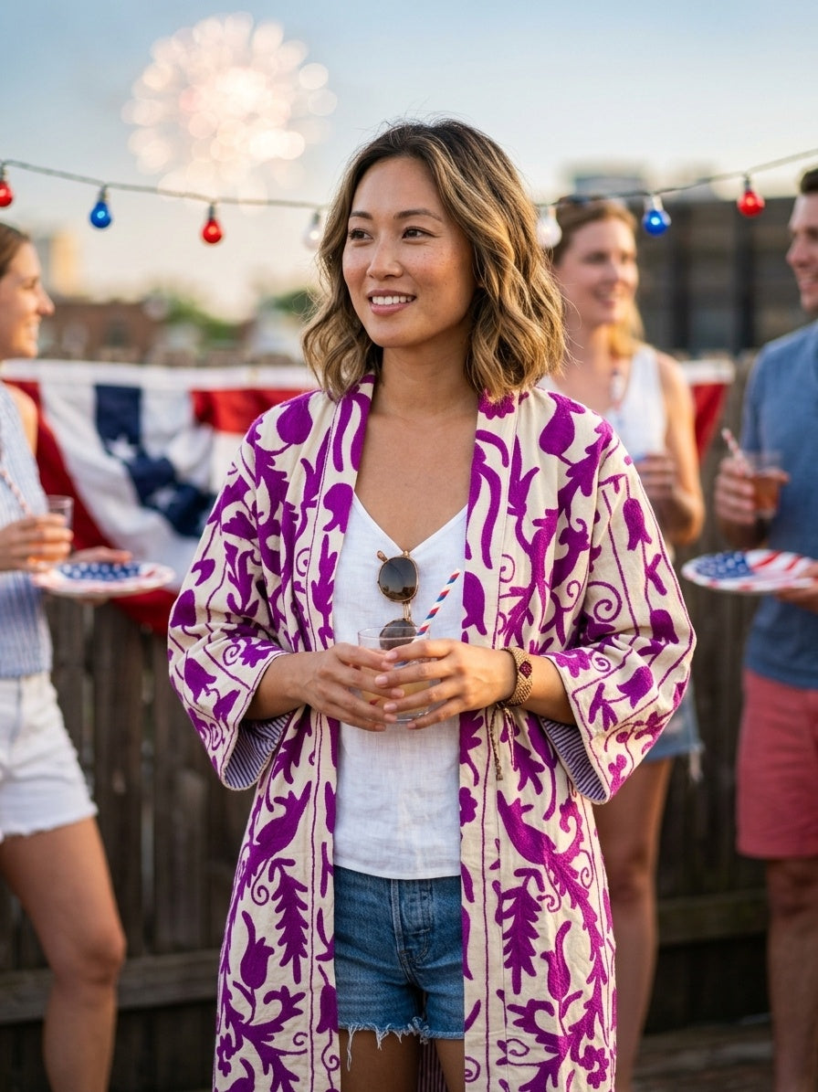 The Bahar Suzani — Hand-Embroidered Velvet Kimono — Ivory & Magenta