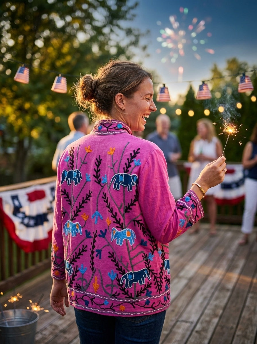 The Fuchsia Elephant Trail — Suzani Hand-Embroidered Cotton Jacket — Magenta Pink with Indigo Blue & Marigold Orange