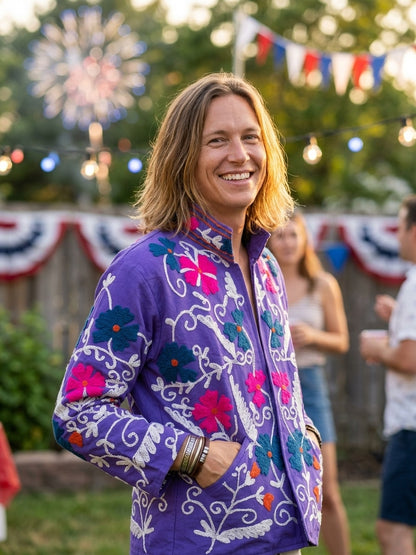 The Violet Suzani — Hand-Embroidered Cotton Jacket — Deep Purple with Fuchsia & Teal Florals