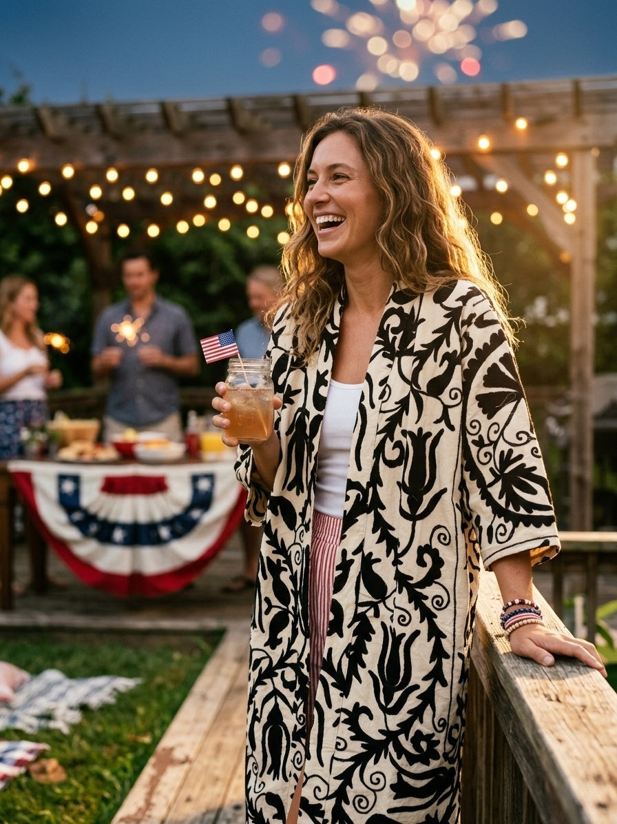 The Tulip Vine Kimono — Suzani Hand-Embroidered Cotton Jacket — Ivory & Ebony