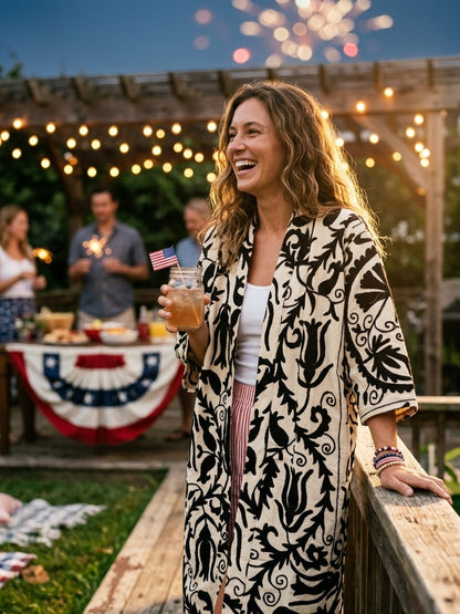 The Tulip Vine Kimono — Suzani Hand-Embroidered Cotton Jacket — Ivory & Ebony