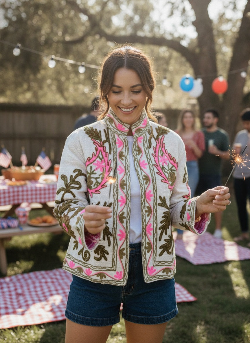 The Zafira — Hand-Embroidered Suzani Cotton Jacket — Ivory with Olive & Fuchsia Bloom
