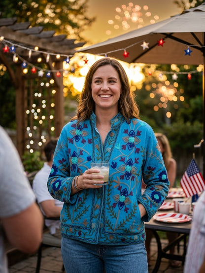 The Turquoise Zahra — Suzani Hand-Embroidered Cotton Jacket — Sky Blue with Indigo & Maroon Florals