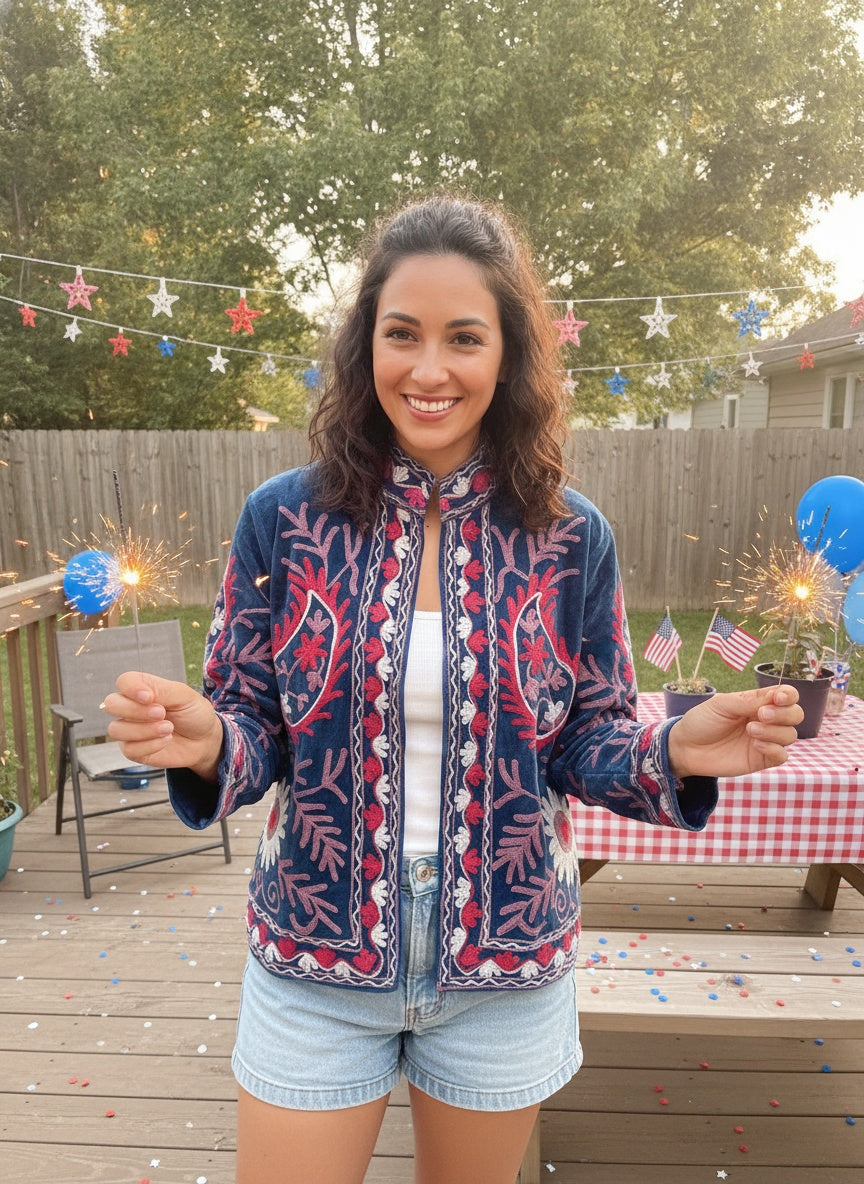 The Samarkand Nights — Suzani Embroidered Velvet Jacket — Denim Blue with Raspberry & Lilac Bloom