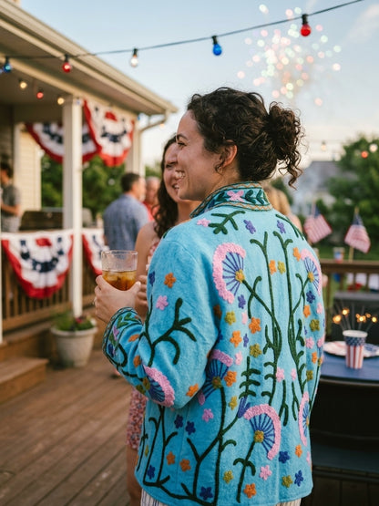 The Turquoise Meadow — Suzani-Embroidered Cotton Jacket — Sky Blue with Blush Pink & Indigo Florals