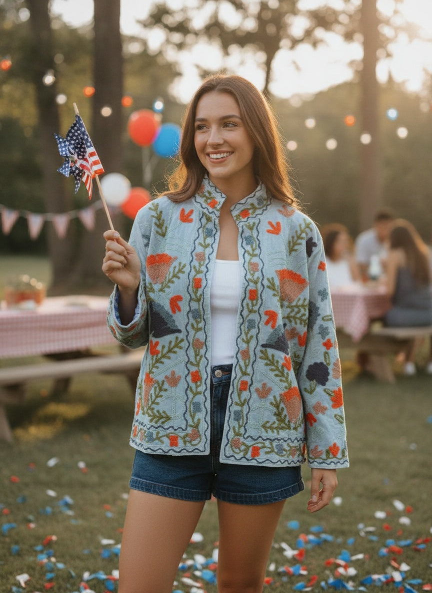 The Duskwing Bloom — Suzani Embroidered Velvet Jacket — Powder Blue