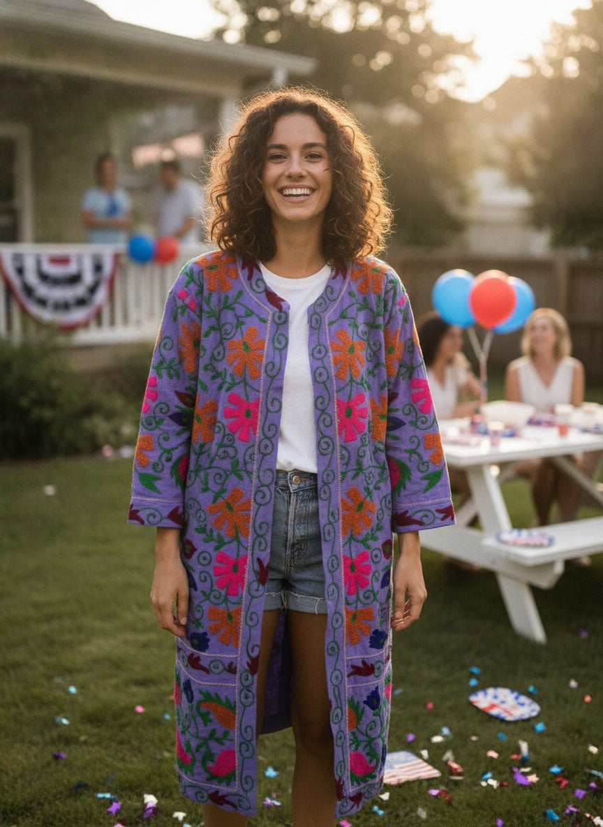The Lavender Bagh — Suzani Hand-Embroidered Cotton Long Jacket — Lilac with Marigold & Fuchsia Florals