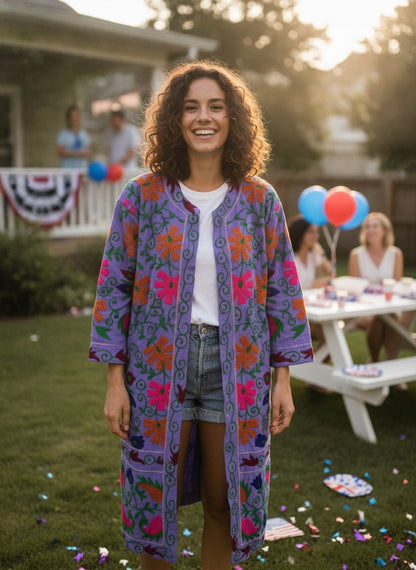The Lavender Bagh — Suzani Hand-Embroidered Cotton Long Jacket — Lilac with Marigold & Fuchsia Florals