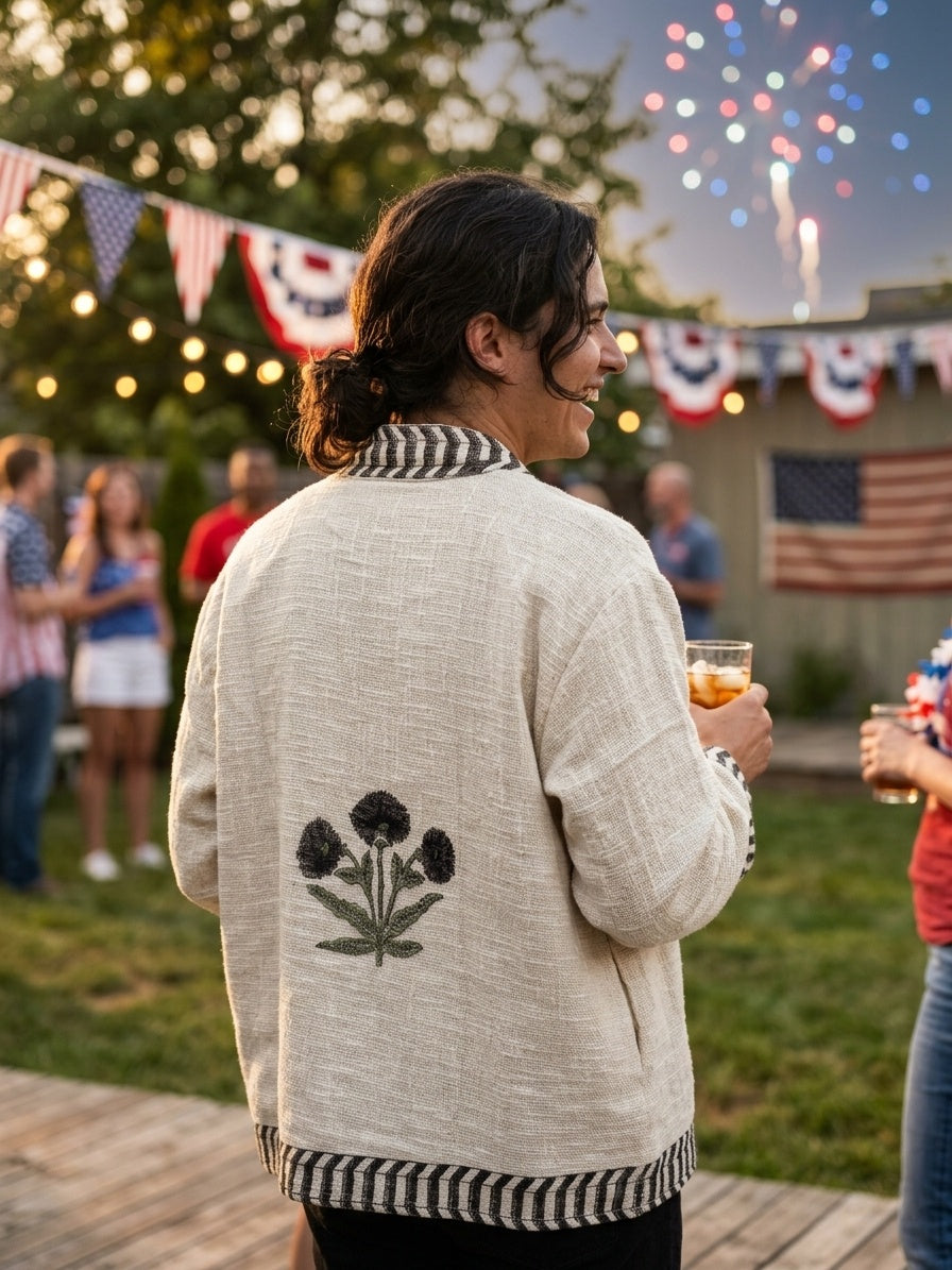 The Marigold Bloom — Hand Block-Printed Cotton Jacket — Undyed Ivory with Ebony Chevron Trim