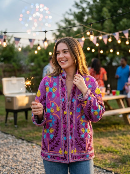The Samarkand Bloom — Suzani Hand-Embroidered Cotton Jacket — Magenta Orchid