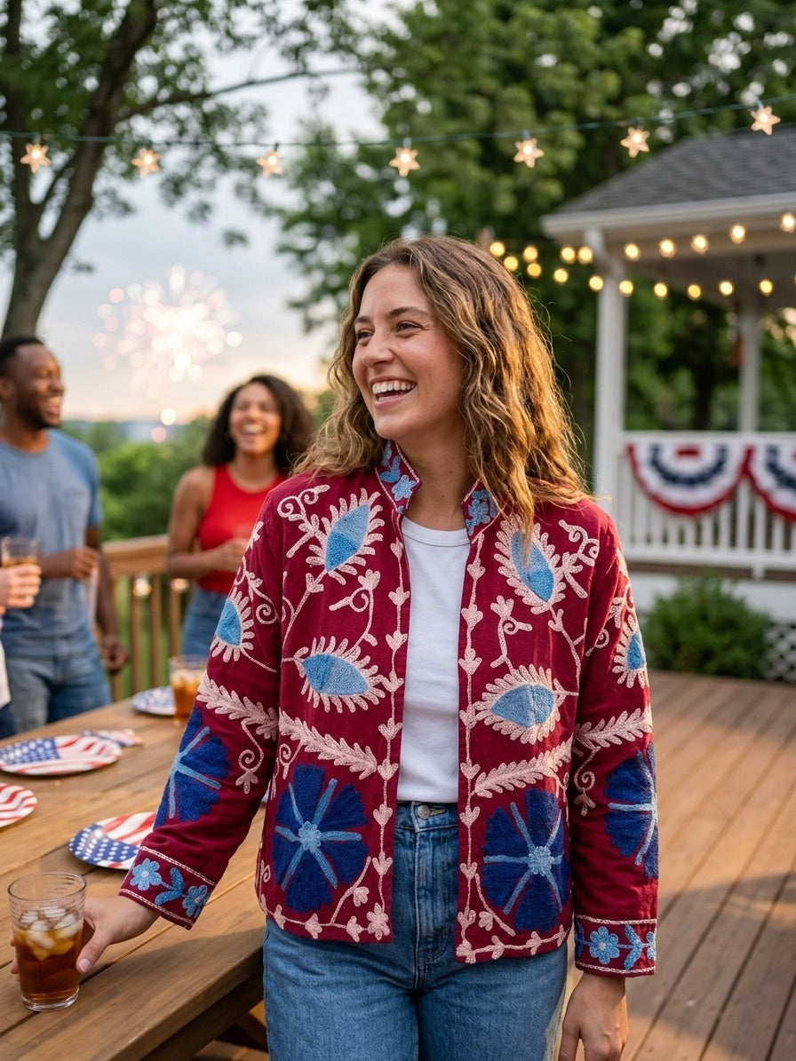 The Samarkand Bloom — Suzani Hand-Embroidered Cotton Jacket — Deep Maroon with Cornflower Blue