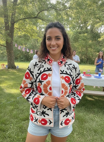 The Anar Bloom — Suzani Hand-Embroidered Cotton Jacket — Ivory with Vermilion & Ochre