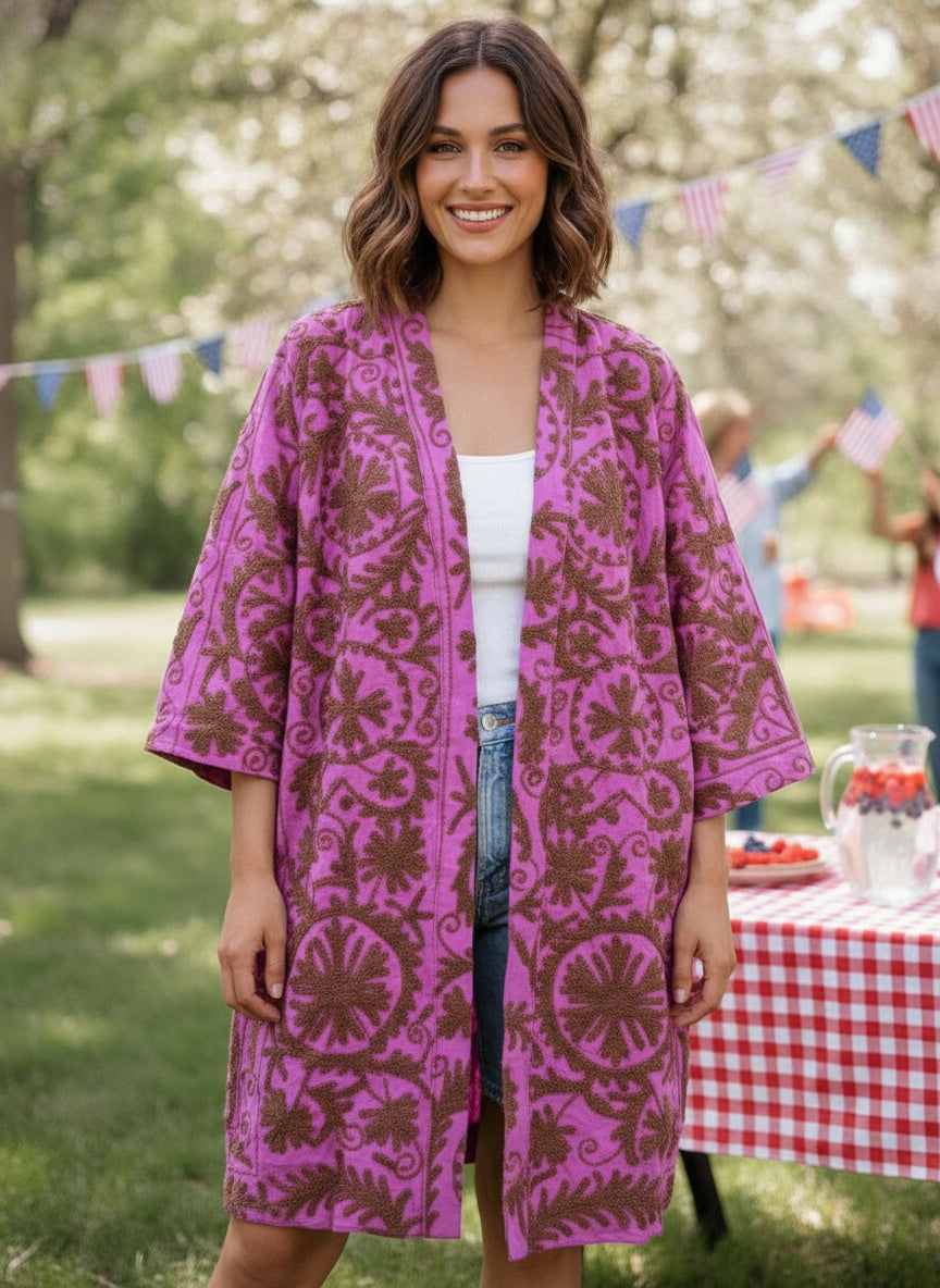 The Orchid Vine — Suzani Embroidered Cotton Jacket — Fuchsia Pink & Umber Brown