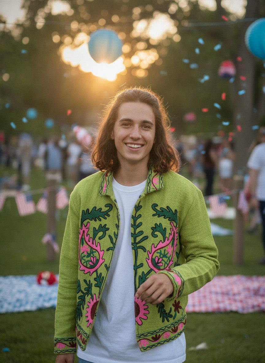 The Lime Orchard Suzani — Hand-Embroidered Cotton Jacket — Chartreuse with Pink & Moss Green Florals