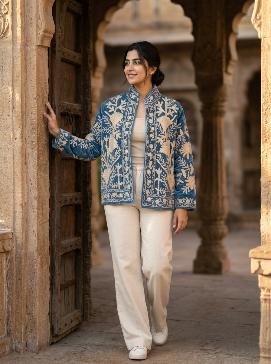 The Tulip Steppe — Suzani Hand-Embroidered Velvet Jacket — Steel Blue with Ivory Tulip Blooms