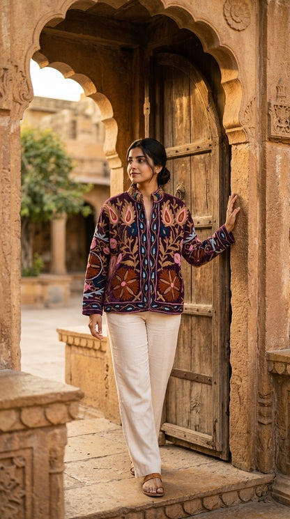 The Shiraz Anar — Suzani Hand-Embroidered Velvet Jacket — Aubergine Plum with Rust, Pink & Teal Florals