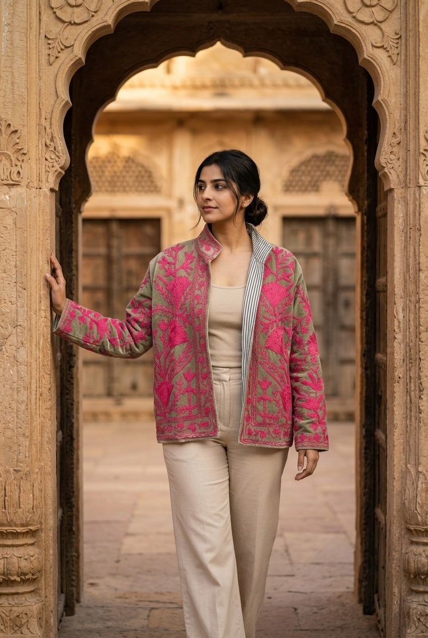 The Sagewood Bloom — Suzani Hand-Embroidered Velvet Jacket — Sage Green with Rani Pink Florals