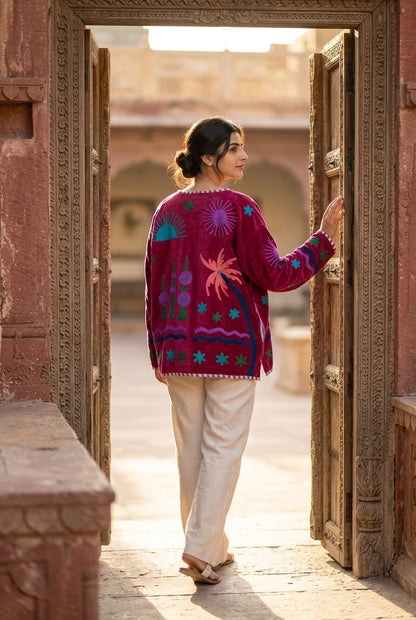 The Desert Oasis — Hand-Embroidered Suzani Velvet Jacket — Crimson Red