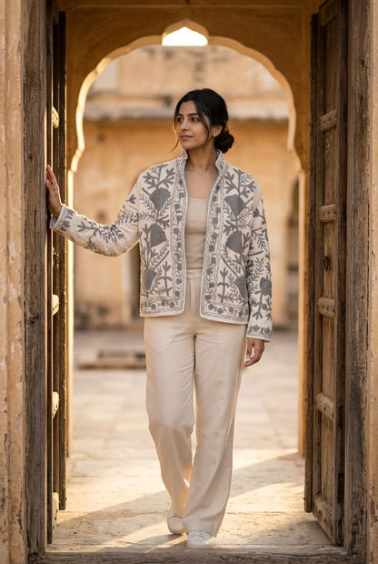The Kashida Snowfield — Suzani Hand-Embroidered Velvet Jacket — Ivory with Dove Grey Florals