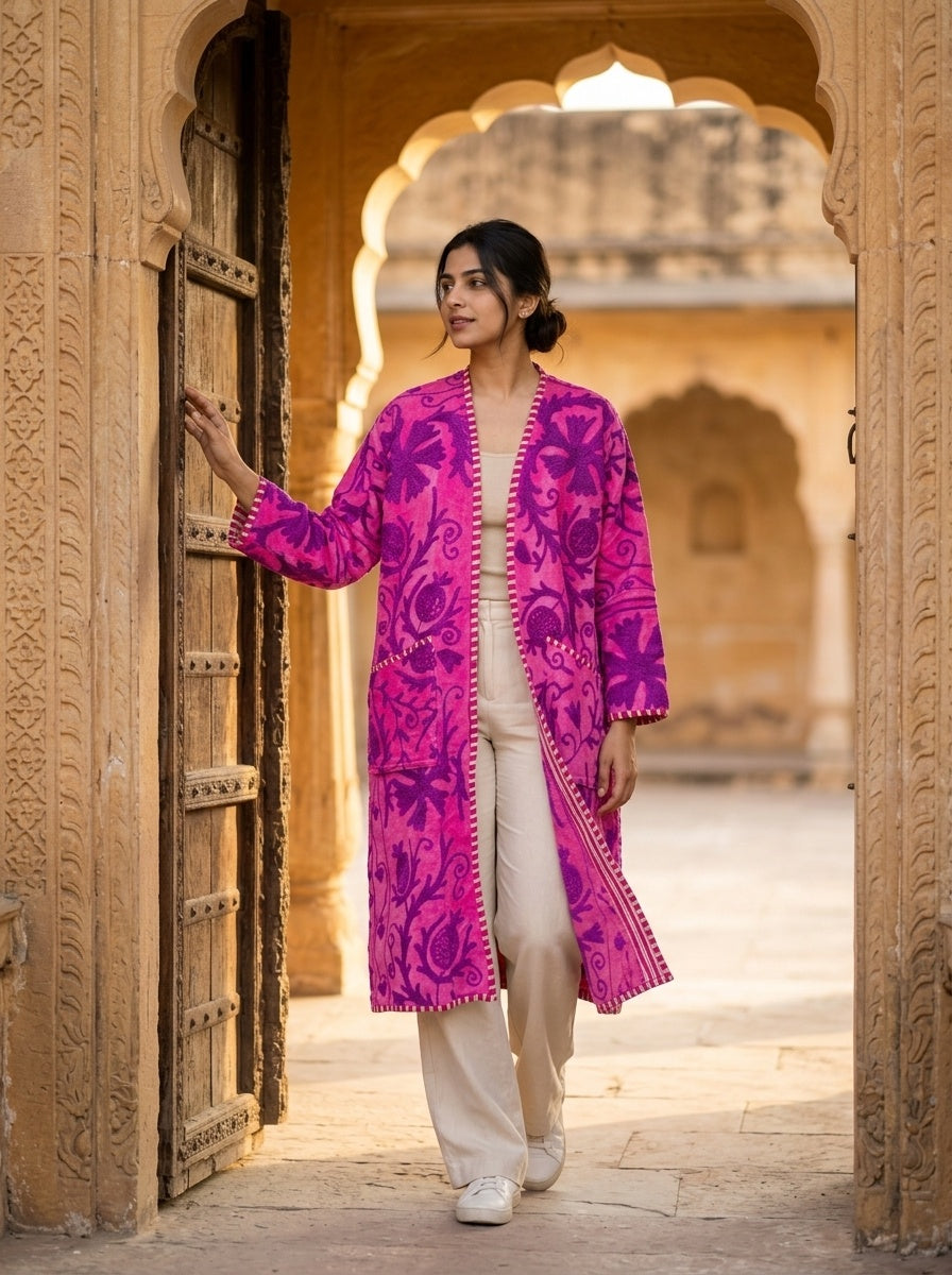 The Anarkali Bloom — Suzani Hand-Embroidered Velvet Kimono — Fuchsia Pink with Violet Pomegranate Motifs
