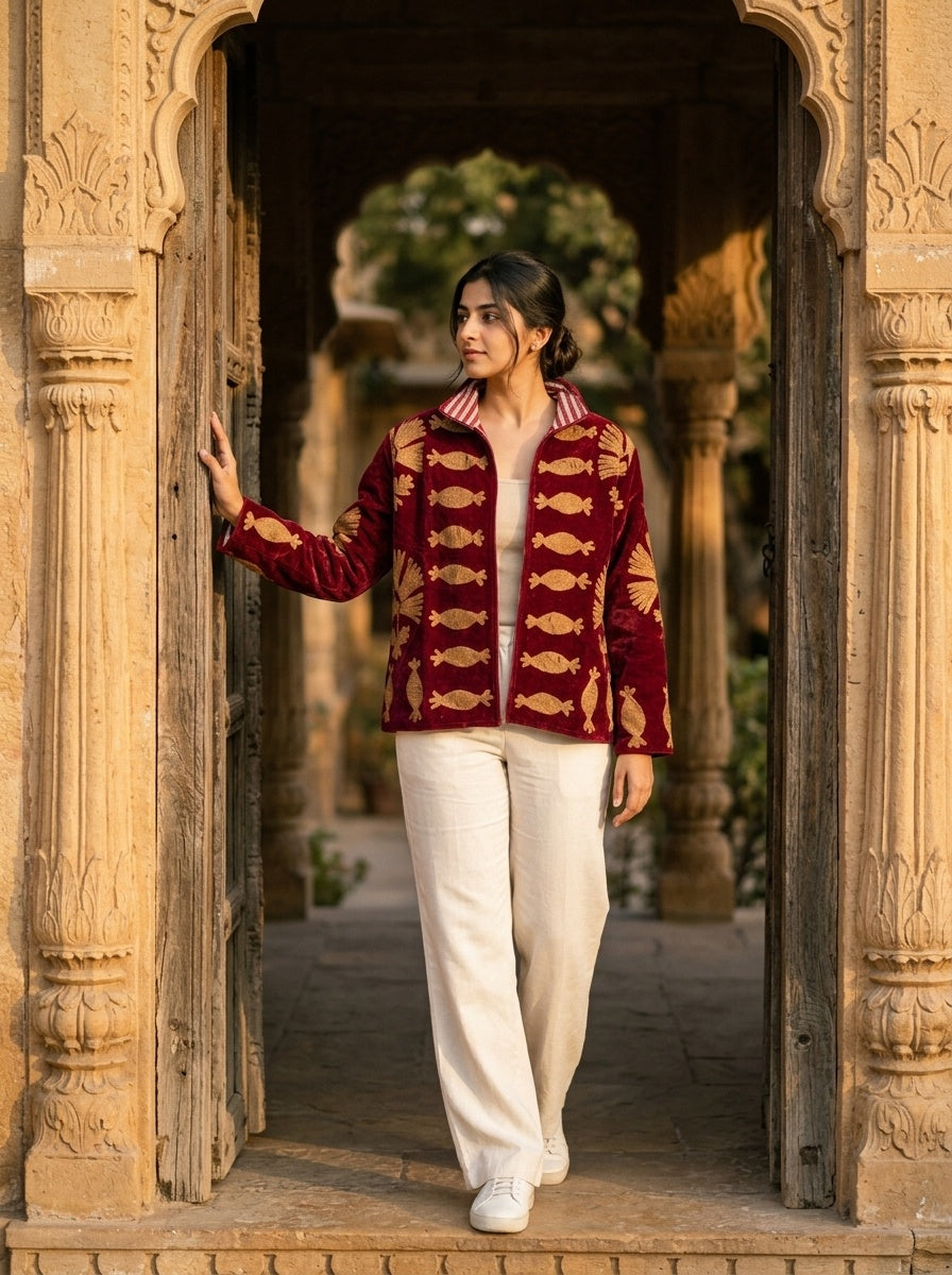 The Machli Bagh — Suzani Hand-Embroidered Velvet Jacket — Deep Maroon with Golden Fish & Palm Motifs