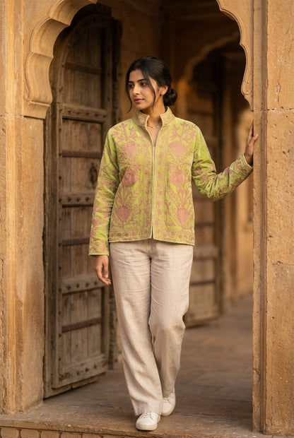 The Pista Bostan — Suzani Hand-Embroidered Velvet Jacket — Pistachio Green with Dusty Rose Florals