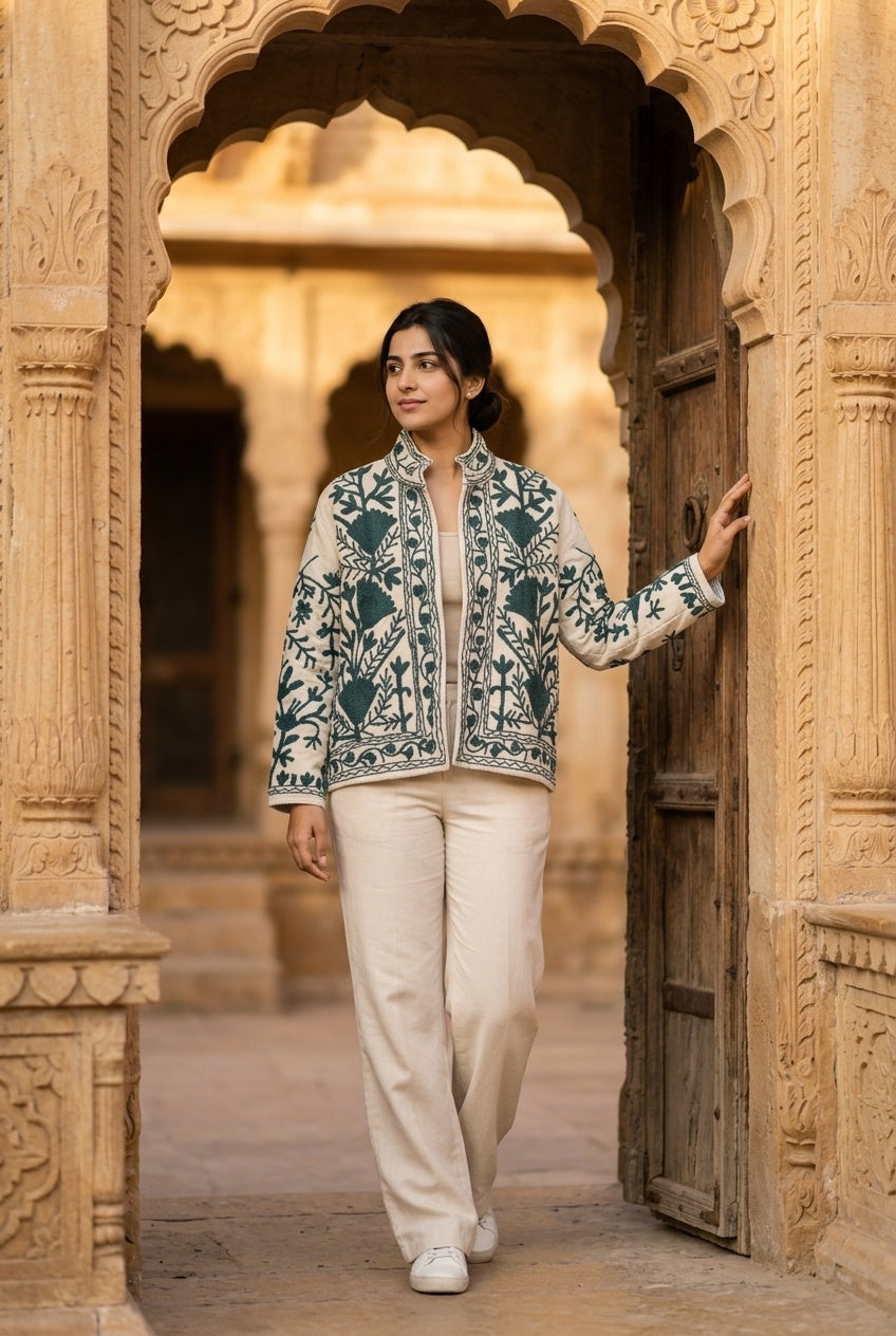 The Zumrud Bagh — Suzani Hand-Embroidered Velvet Jacket — Ivory with Deep Teal Florals