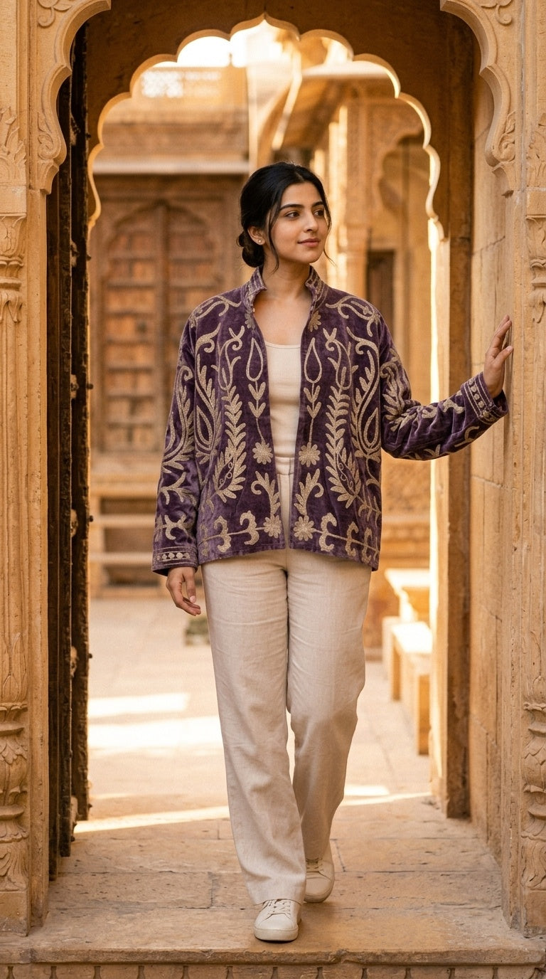 The Samarkand Bloom — Suzani-Embroidered Velvet Jacket — Dusk Mauve with Ivory Vinework