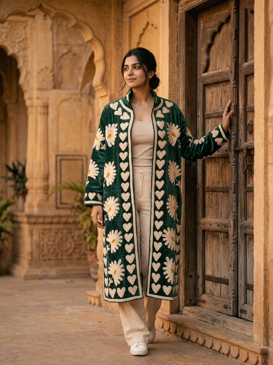 The Daisy Meadow Kimono — Suzani Chainstitch Velvet Jacket — Forest Green with Ivory Daisies