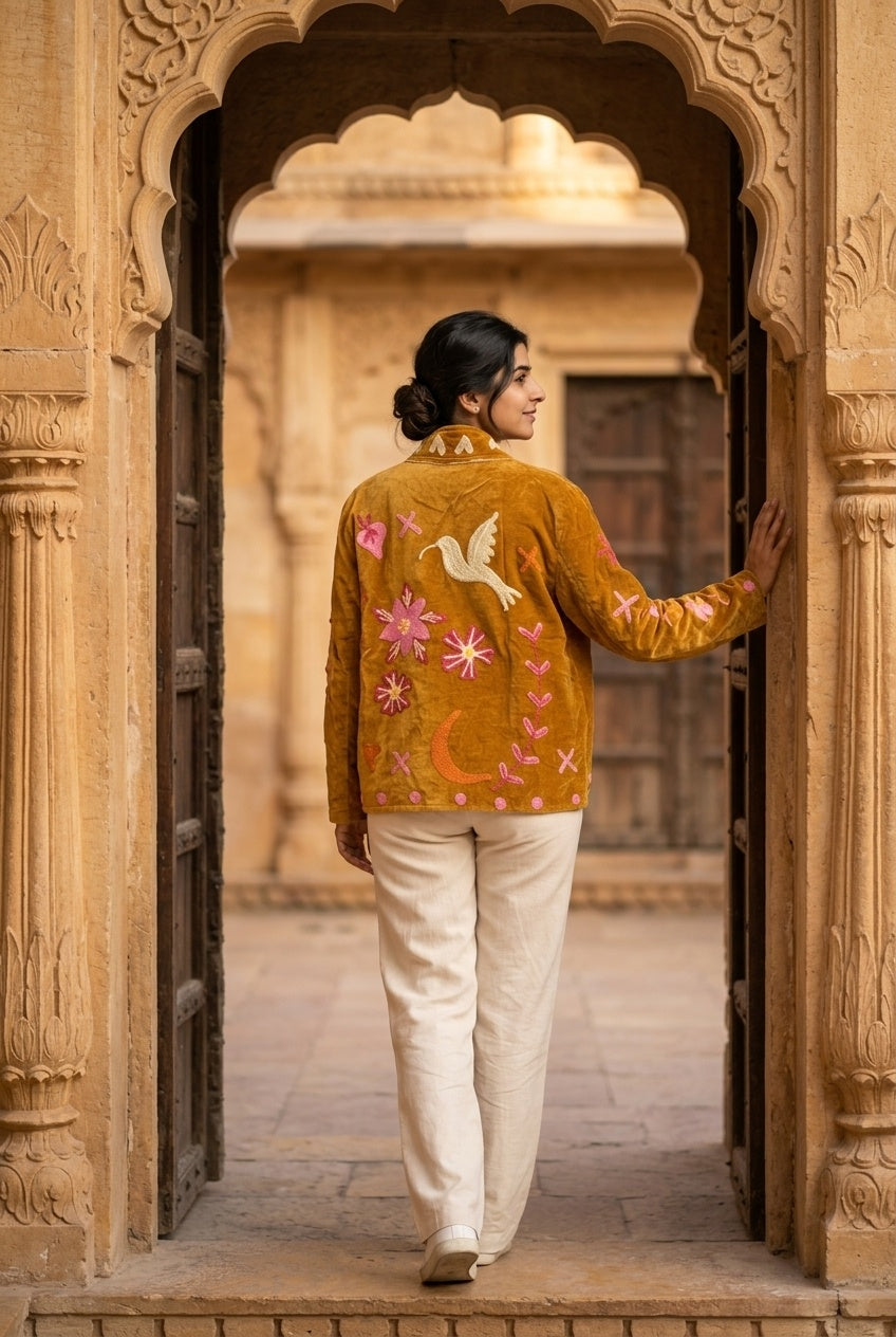 The Chidiya Bagh — Suzani Hand-Embroidered Velvet Jacket — Mustard Gold with Ivory Hummingbird & Rose Florals