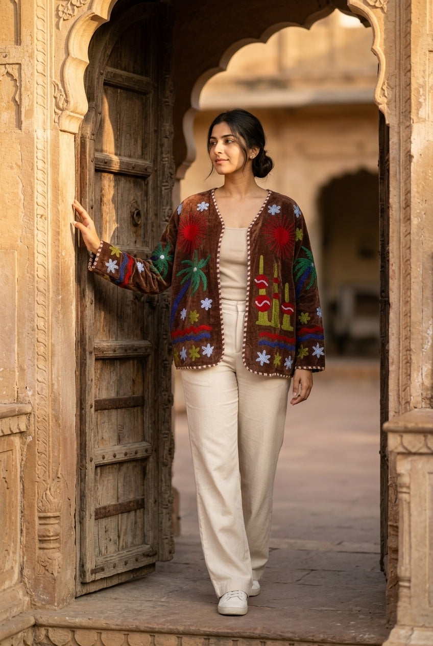 The Desert Sun Wrap — Suzani-Embroidered Velvet Jacket — Espresso Brown