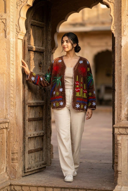 The Desert Sun Wrap — Suzani-Embroidered Velvet Jacket — Espresso Brown