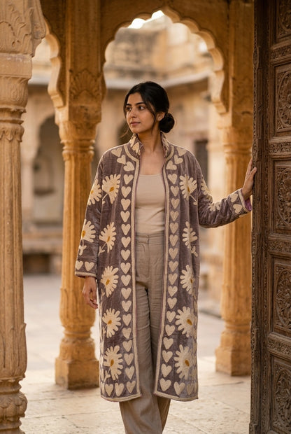 The Dusktide Suzani — Hand-Embroidered Velvet Kimono Jacket — Mauve Taupe with Ivory Daisies