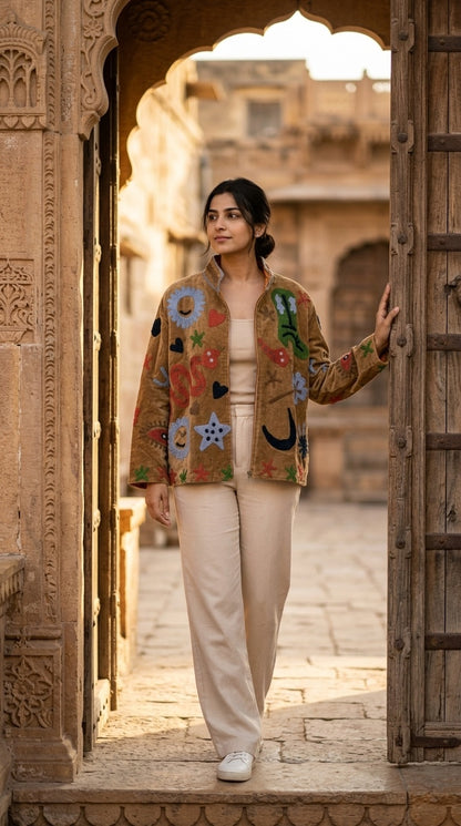 The Desert Storybook — Hand-Embroidered Velvet Jacket — Camel with Suzani Motifs