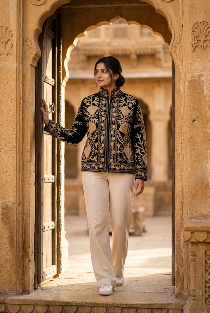 The Tilla Noir — Suzani Hand-Embroidered Velvet Jacket — Jet Black with Antique Gold Tulip & Vine Motifs