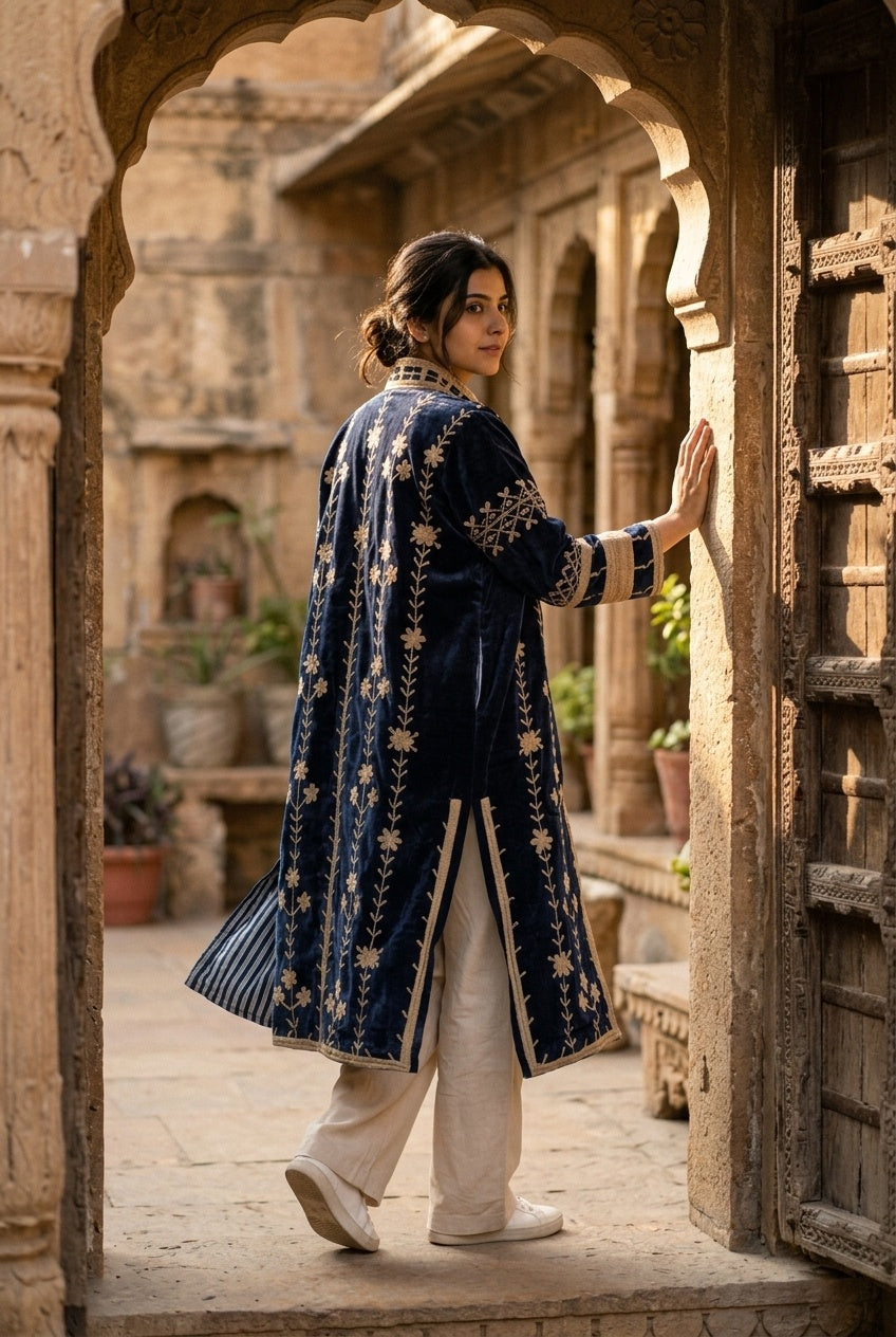 The Midnight Vine — Suzani Hand-Embroidered Velvet Kimono — Navy & Antique Gold